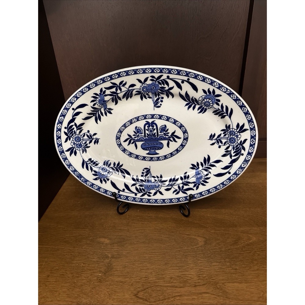 Sterling China York Kitchen Equipment NY Blue White 12"X 8.25" Oval Platter VTG